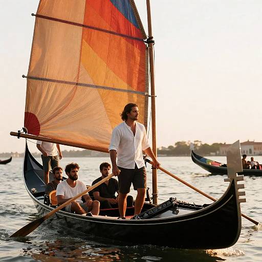 Men in Gondola Under Colorful Sail