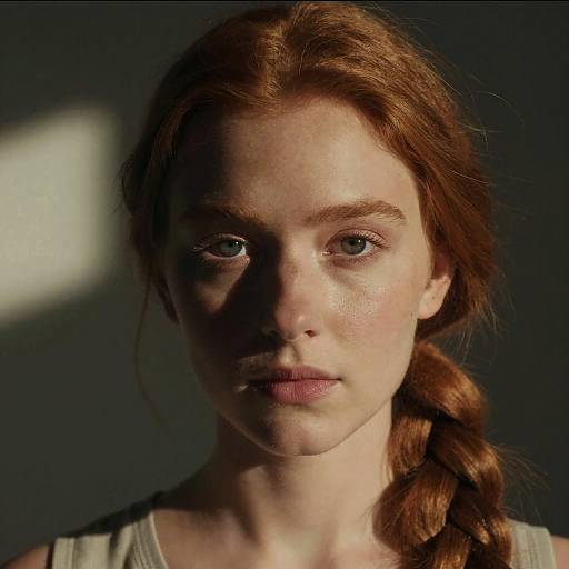 Photograph of a fair-skinned, red-haired woman with freckles and braided hair, illuminated by soft light, against a dark background.