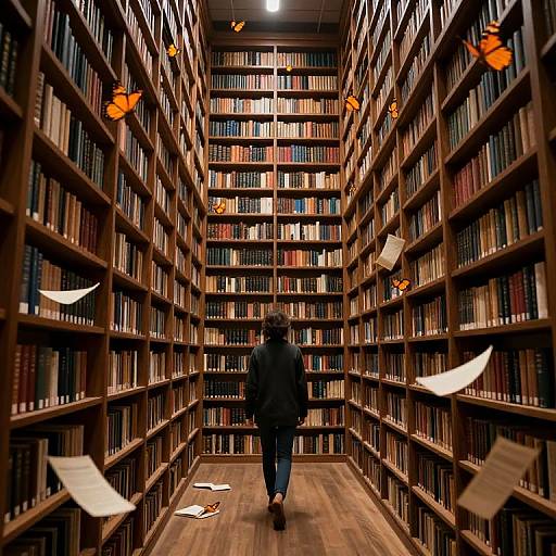 Photograph of a lone person in a dimly lit library aisle, surrounded by tall wooden bookshelves filled with colorful books, with papers and orange