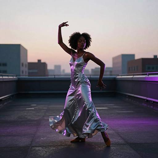 Black Female Dancer in Silver Gown on Rooftop at Dawn