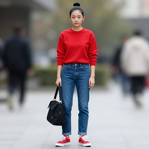Photograph of an Asian woman with a black bun, wearing a red sweater, blue jeans, red sneakers, and carrying a black bag, standing in