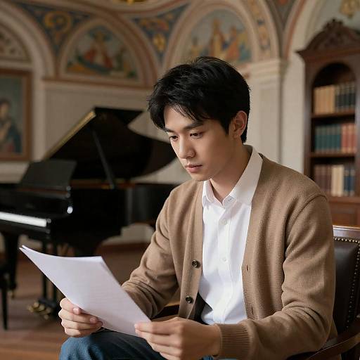 Man Reading Paper in Ornate Room