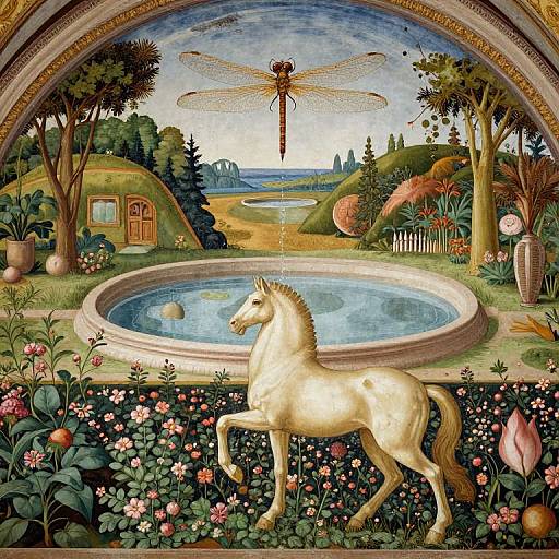 Fantastical painting of a white horse beside a circular pond, with a dragonfly above, surrounded by vibrant flowers, lush garden, and a dream