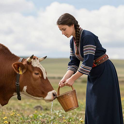Photograph of a young woman in traditional dark blue dress with embroidered white patterns, feeding water to a brown and white cow from a wooden bucket in a