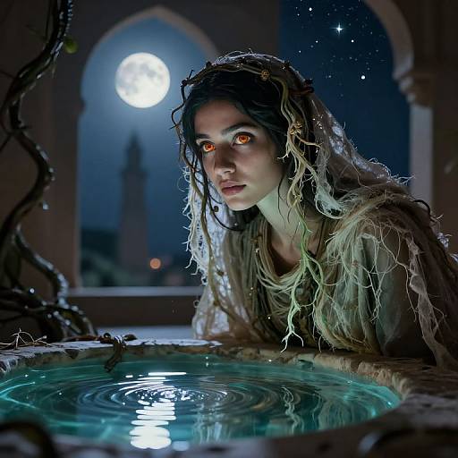 Photorealistic digital art of a wet, ethereal woman with glowing orange eyes, long tangled hair, and a moonlit night background, leaning over