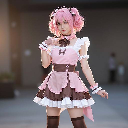 Photograph of a young woman with pink pigtails, wearing a pink and brown frilled maid outfit, black ribbon choker, and thigh-high
