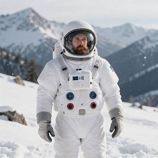 Astronaut in a Snowy Mountain Landscape