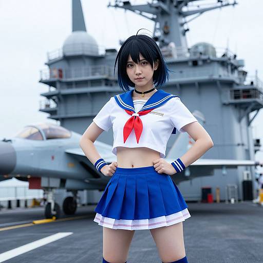 CGI image of an anime-style young woman in a blue and white sailor school uniform, standing confidently on a naval aircraft carrier deck with an aircraft in