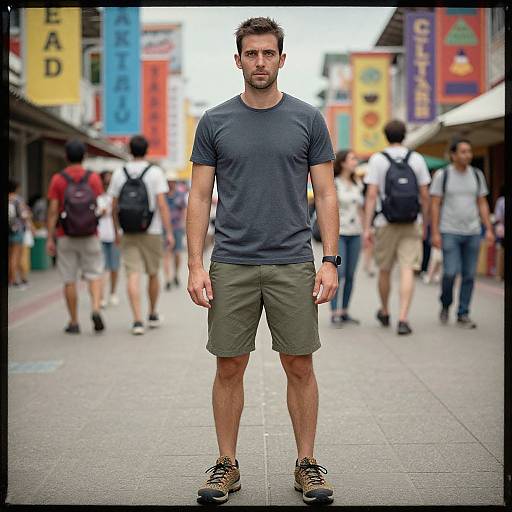 Photograph of a muscular, bearded man in a gray t-shirt, olive shorts, and brown sneakers standing in a busy urban street with colorful shop