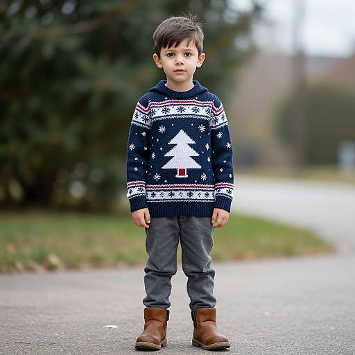 Photograph of a young boy with short brown hair, wearing a navy Christmas sweater with a white tree, gray pants, and brown boots, standing on