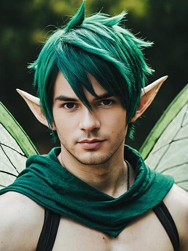 Young Man in Fairy Costume with Green Hair and Wings