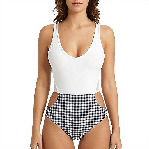 Photograph of a woman with wavy brown hair, wearing a white tank top and black-and-white checkered high-waisted bikini bottoms, standing