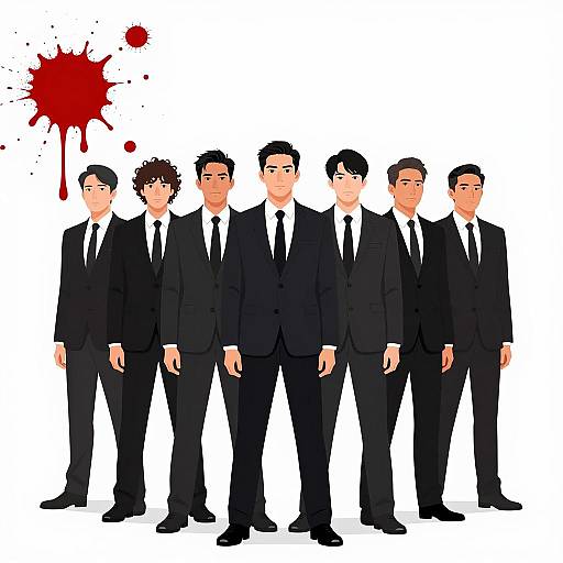 Group of Men in Black Suits with Blood Splatter