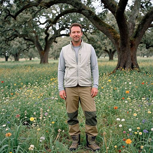 Photograph of a man standing in a meadow with wildflowers, wearing a white vest, gray shirt, beige pants, and brown boots, surrounded