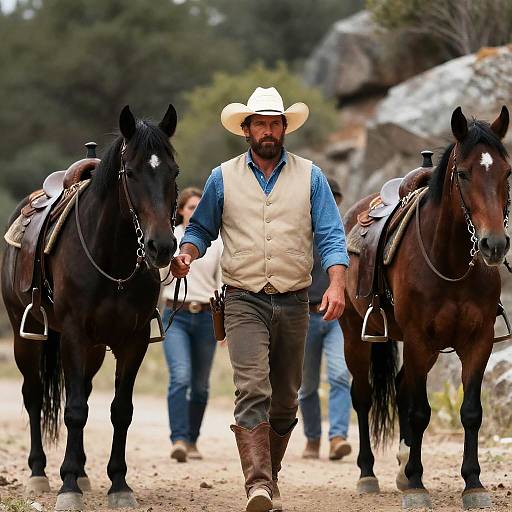 Rugged Cowboy with Horses in Forest