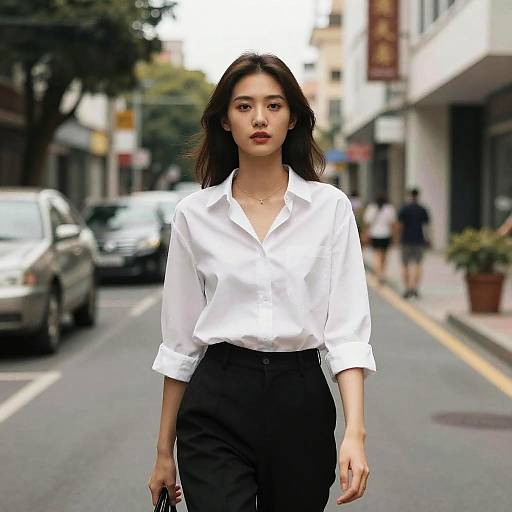 Photograph of an Asian woman with straight black hair, wearing a white blouse and black pants, walking confidently on a city street with blurred cars and buildings