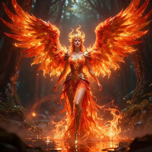 Digital art of a fiery angelic woman with large, glowing red wings, wearing a golden, flame-embellished dress, standing in a forest