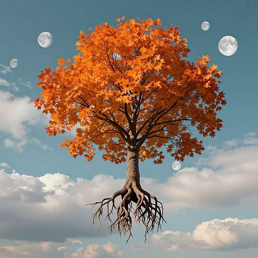 Photograph of a vibrant orange autumn tree with exposed roots, floating in a clear blue sky with scattered white clouds and floating moons.