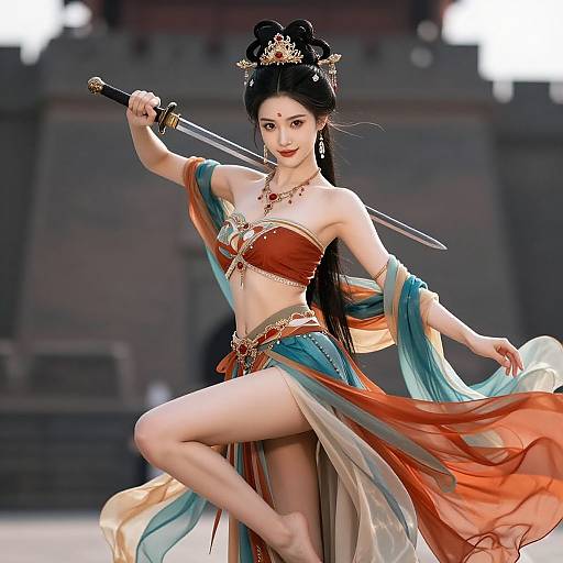 Digital artwork of an Asian woman with black hair in an ornate updo, wearing a red and blue traditional dance outfit, holding a katana,