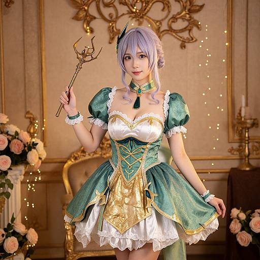 Digital art of a purple-haired woman in an ornate green and gold fantasy dress, holding a golden staff, in an elegant, flower-adorned