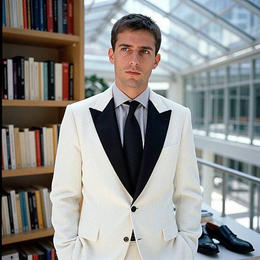 Photograph of a serious-looking man with short dark hair, wearing a white pinstripe suit with black lapels and a black tie, standing in
