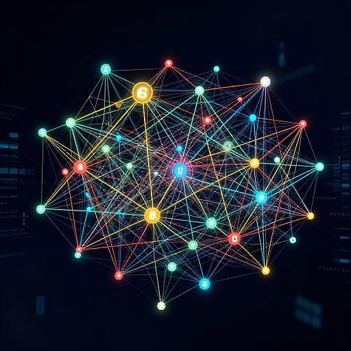 Digital art of a colorful, interconnected network of glowing nodes against a dark blue background, resembling a complex cityscape at night.