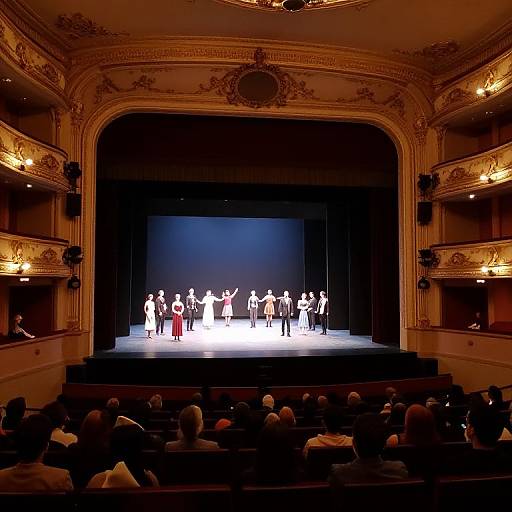 Photograph of a brightly lit stage performance in an ornate, classical theater with an audience in the foreground, featuring actors in colorful costumes on a simple