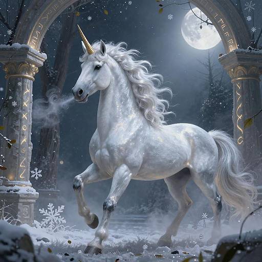 Digital painting of a white unicorn with a golden horn, galloping under a snow-covered archway in a moonlit forest.