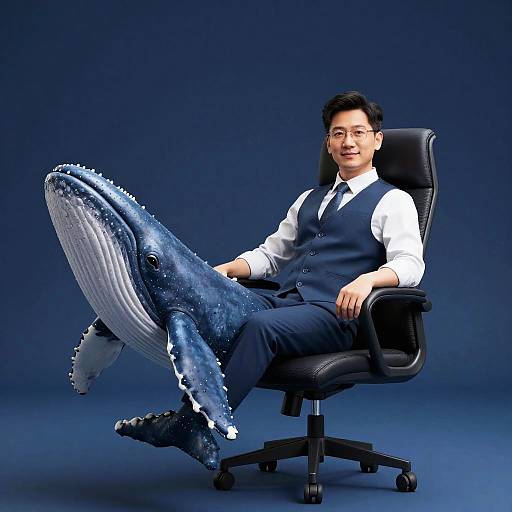 Photograph of an Asian man in a white shirt, blue vest, and black tie, reclining in a chair with a large, blue whale's