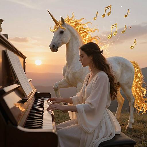 Photograph of a woman with long brown hair playing a piano beside a white unicorn with fiery mane and musical notes floating around. Sunset background. Ethereal