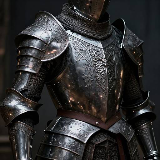 Photograph of ornate, silver medieval armor with intricate floral engravings, reflecting light, and showing detailed textures, set against a dark background.
