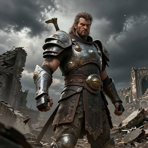 CGI fantasy image of a muscular, bearded warrior in metallic armor, standing amidst ruins under a stormy sky, with a sword on his back
