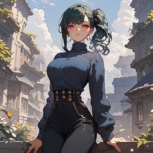 Anime-style digital artwork of a confident, black-haired woman in a blue turtleneck and high-waisted black pants, standing in a sunlit