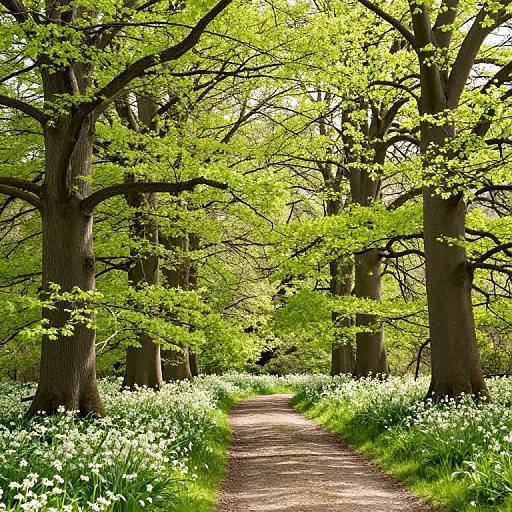 Photograph of a sunlit forest path lined with tall, leafy trees and dense white wildflowers, creating a vibrant, serene scene.