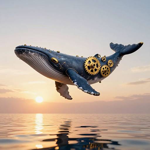 Photograph of a blue whale with gears on its body, floating in calm ocean water during a sunset, reflecting golden hues.