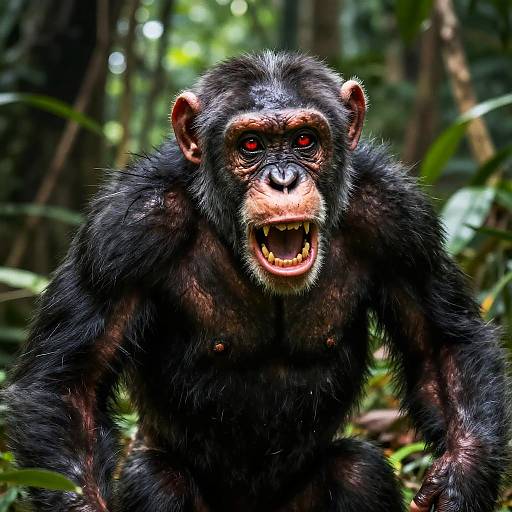 Photograph of a fierce, black-furred chimpanzee with red eyes and open mouth, standing in a dense, green jungle background.