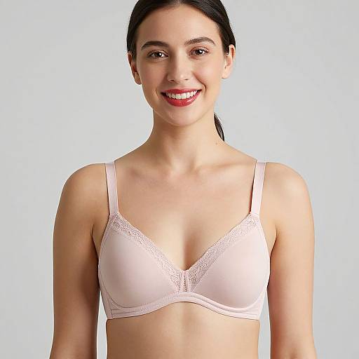 Smiling Woman in Pink Lace Bra