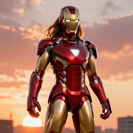 Photorealistic CGI of a woman with long brown hair in a red and gold Iron Man suit, standing against a sunset sky.