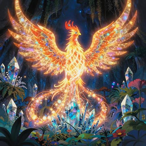 Luminous Phoenix Rising in Crystal Cavern