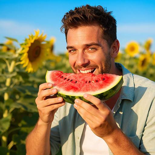Photograph of a smiling, bearded man with short brown hair, holding a slice of watermelon, standing in a sunflower field under a bright