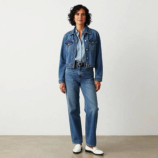 Photograph of a curly-haired man in a blue denim jacket, light blue shirt, and blue jeans, standing against a white background, wearing white shoes