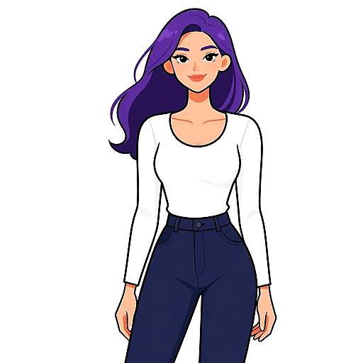Digital illustration of a smiling woman with long purple hair, wearing a white long-sleeve top and high-waisted black pants.