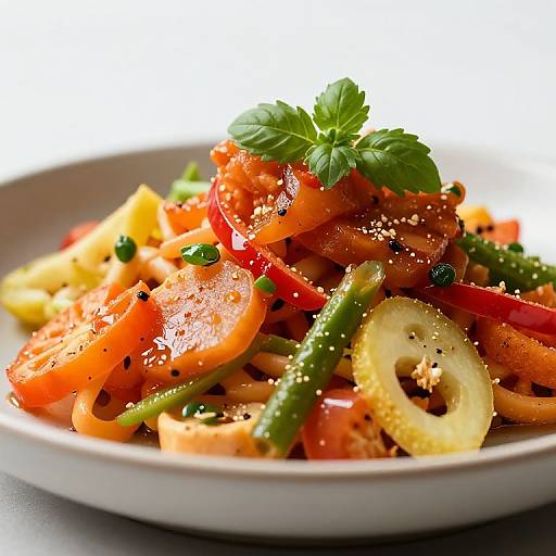 Photograph of vibrant vegetable pasta salad with fresh tomato slices, red bell peppers, green beans, and cilantro garnish, sprinkled with sesame seeds