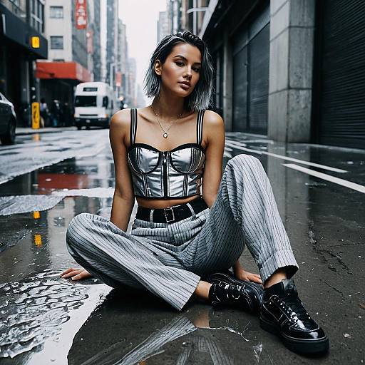 Woman in Metallic Bustier and Pinstripe Trousers Sitting on Wet City Street