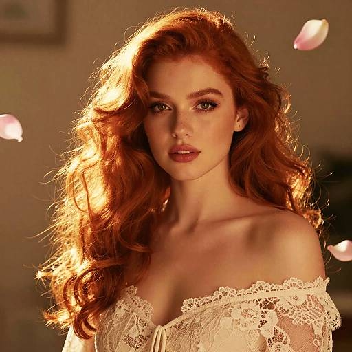 Photograph of a beautiful, fair-skinned woman with long, wavy red hair wearing an off-shoulder white lace top, illuminated by warm