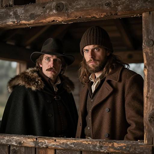 Two Men in Rustic Wooden Cabin