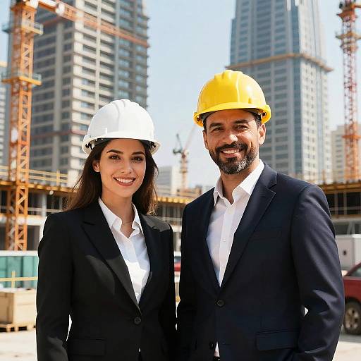 Photograph of smiling Asian man and woman in black suits, white and yellow hard hats, standing in front of construction site.
