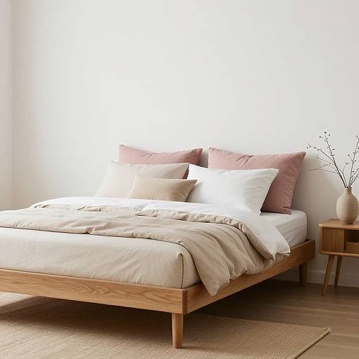 Photograph of a minimalistic bedroom featuring a wooden bed with white and pink pillows, beige blanket, and a small wooden side table with a vase.