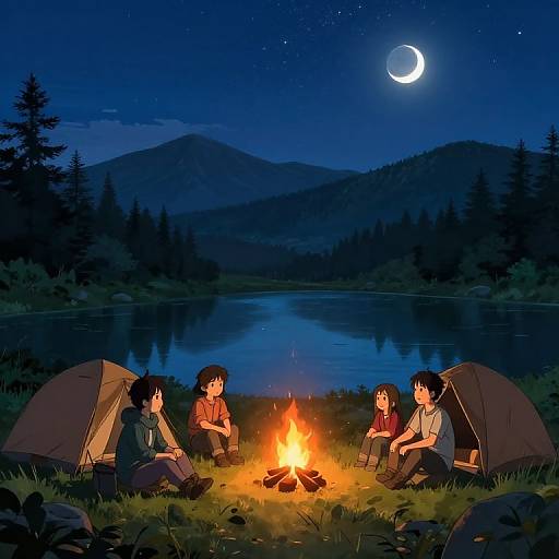 Anime-style digital illustration of four friends sitting around a campfire at night, with a crescent moon, stars, and forest mountains reflected in a calm