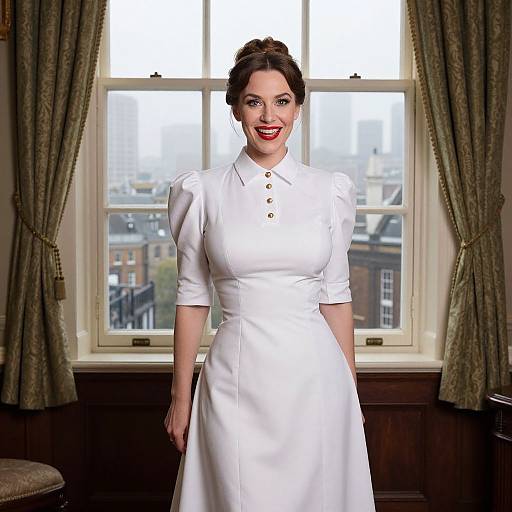 Photograph of a smiling woman with fair skin and red lipstick, wearing a white, short-sleeved, button-up dress, standing in front of